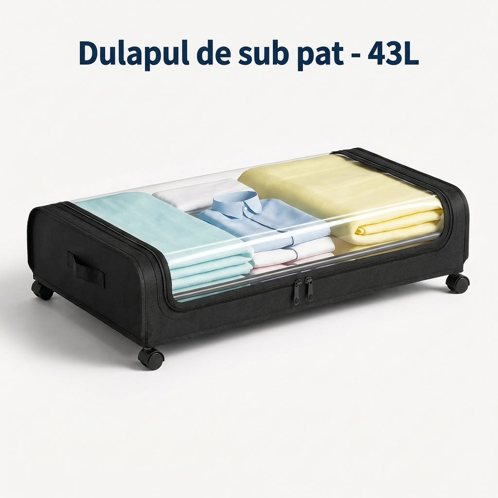 Sistem de Depozitare Sub Pat 43L, Slim, Culisant pe Roți, cu Fermoar și Capac Transparent, Negru