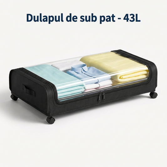 Sistem de Depozitare Sub Pat 43L, Slim, Culisant pe Roți, cu Fermoar și Capac Transparent, Negru