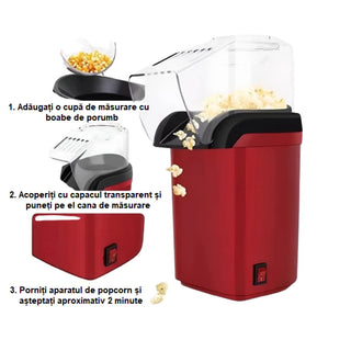 Aparat electric pentru preparat popcorn, fara ulei, cu aer cald, 1200W, sistem antialunecare, culoare rosie Trendysale.ro