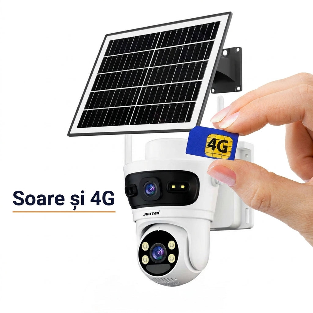Cameră de Supraveghere 4G cu Panou Solar, 2 Lentile, Rotire 355° și Acumulatori 18.000 mAh