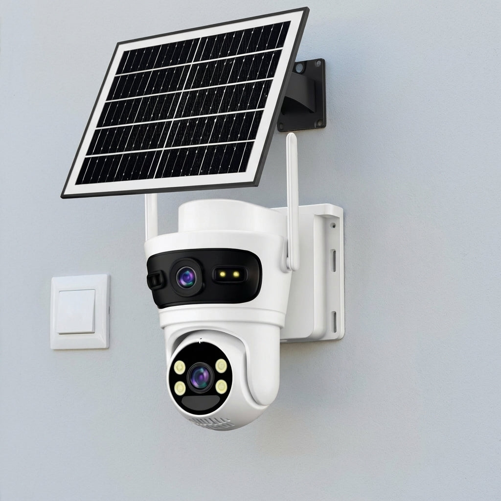 Cameră de Supraveghere 4G cu Panou Solar, 2 Lentile, Rotire 355° și Acumulatori 18.000 mAh