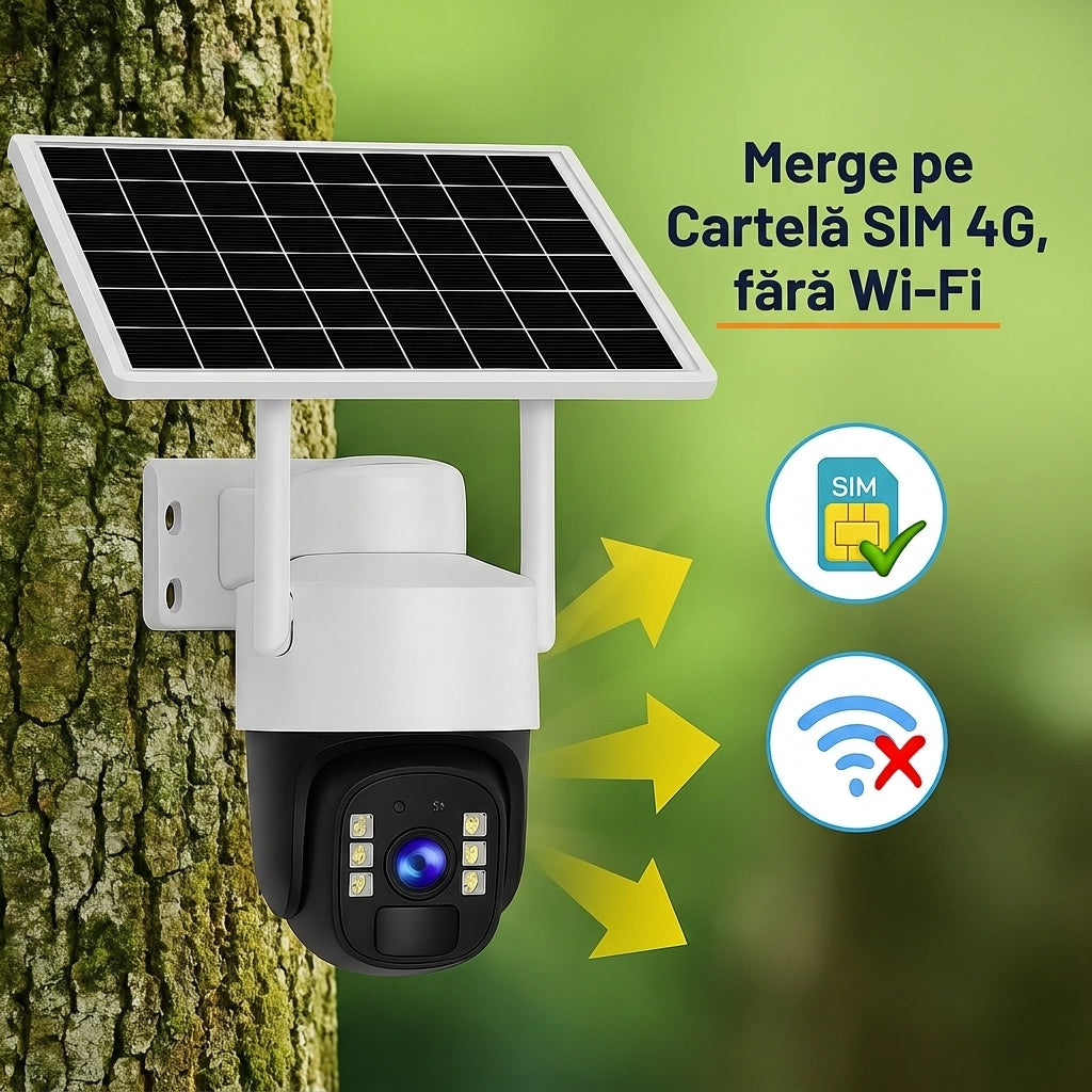 Cameră Supraveghere Solară 4G, 3MP, Rotire 350°, Audio Bidirecțional, Vedere Nocturnă Color