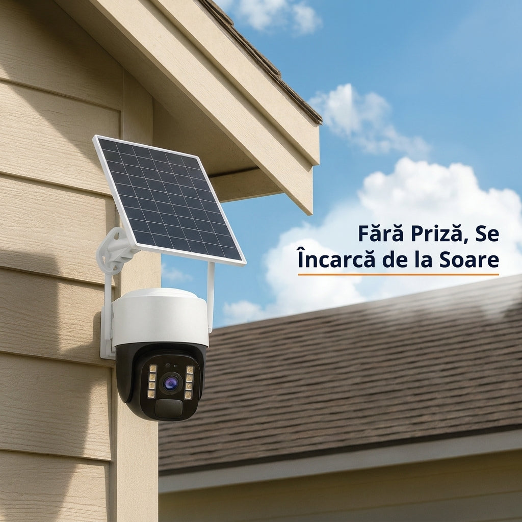 Cameră Supraveghere Solară 4G, 3MP, Rotire 350°, Audio Bidirecțional, Vedere Nocturnă Color