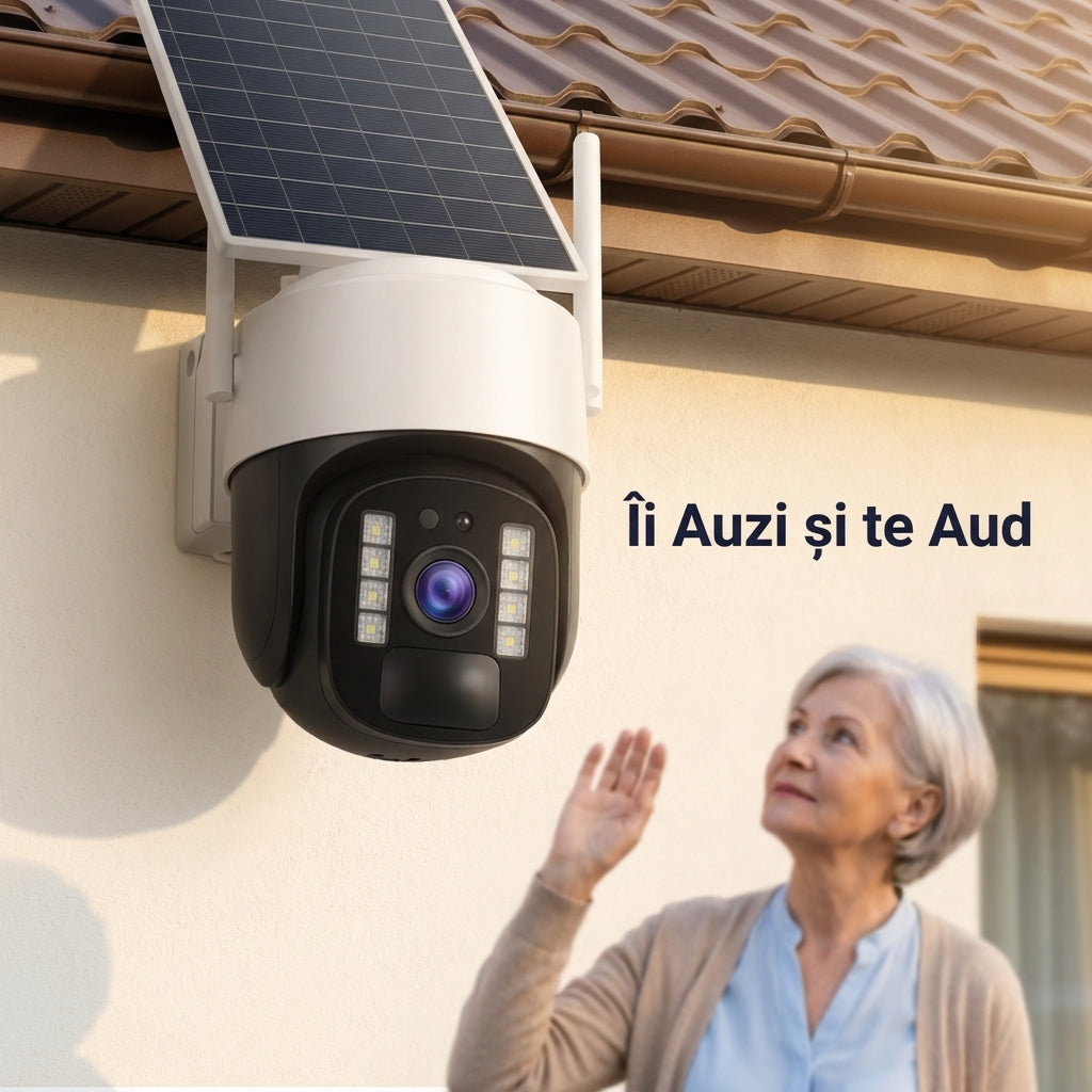 Cameră Supraveghere Solară 4G, 3MP, Rotire 350°, Audio Bidirecțional, Vedere Nocturnă Color