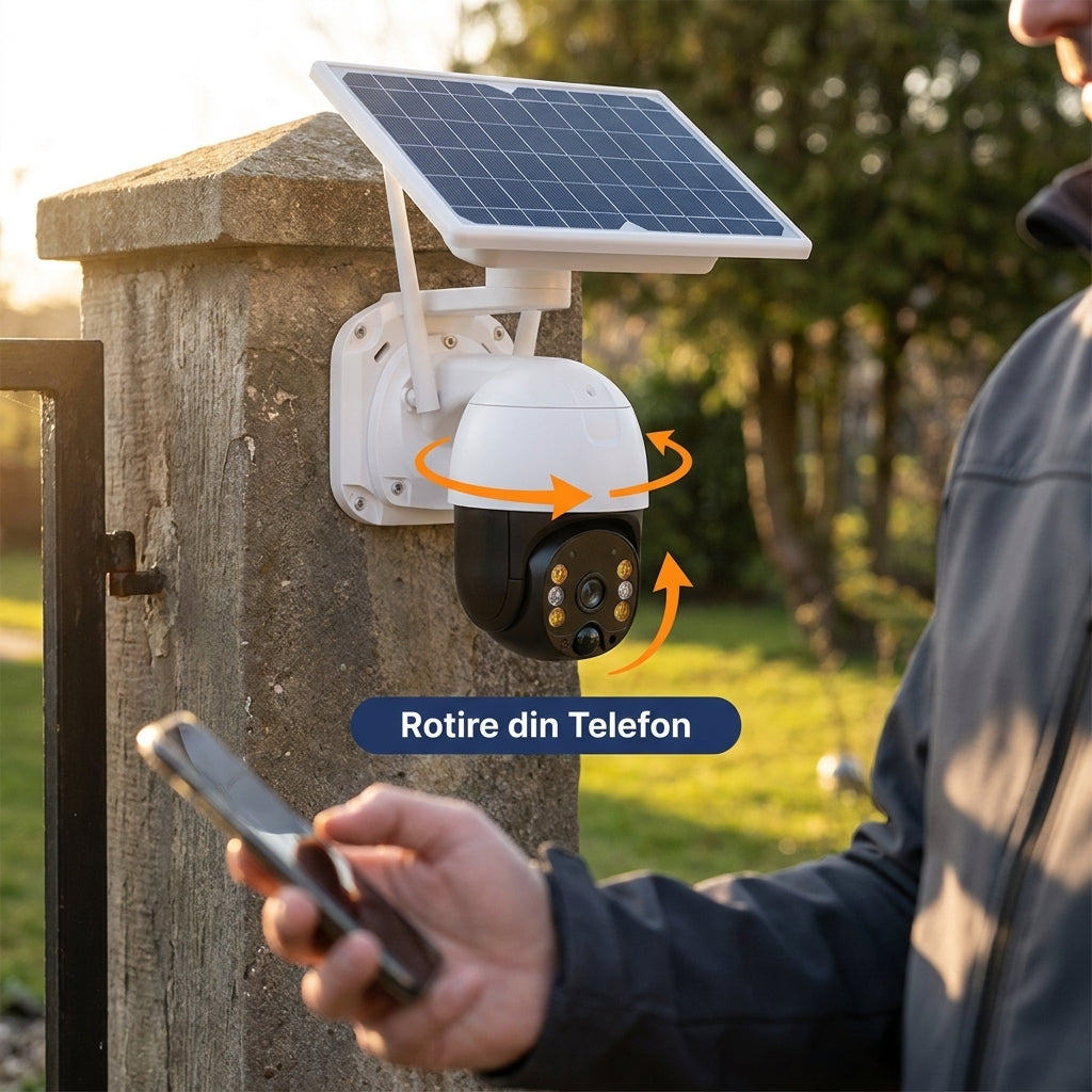 Cameră de Supraveghere WiFi cu Panou Solar, Acumulatori 18000mAh, Card 32GB și Vedere Nocturnă