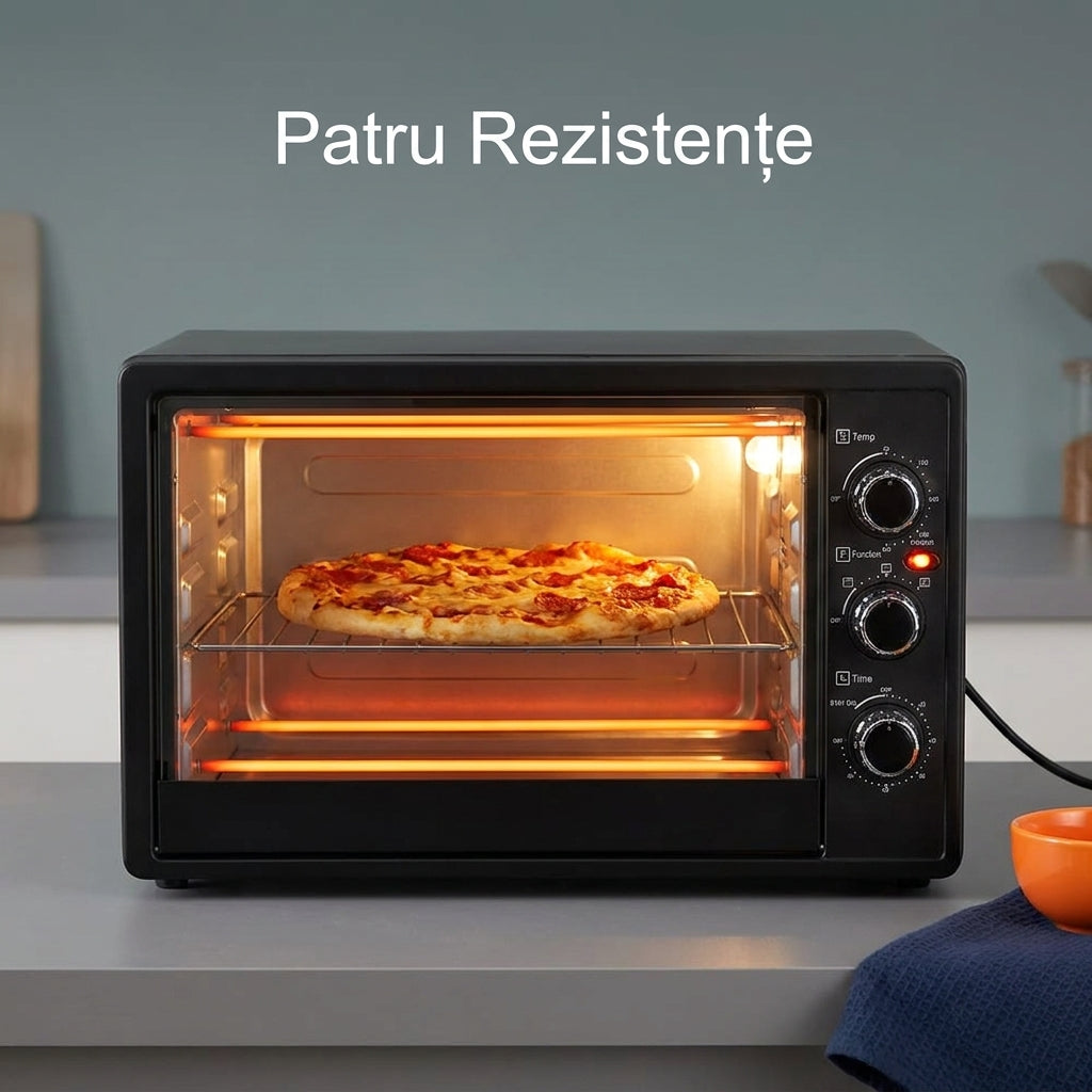 Cuptor Electric 25L, 1500W, 4 Rezistențe Inox, Încălzire Sus/Jos, până la 250°C, Timer 60 Min