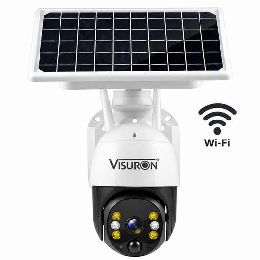Cameră de Supraveghere Solară WiFi VISURON 5MP, Fără Cabluri, Rotire 355°, Detecție de Persoane, Vedere Color Noaptea, IP66