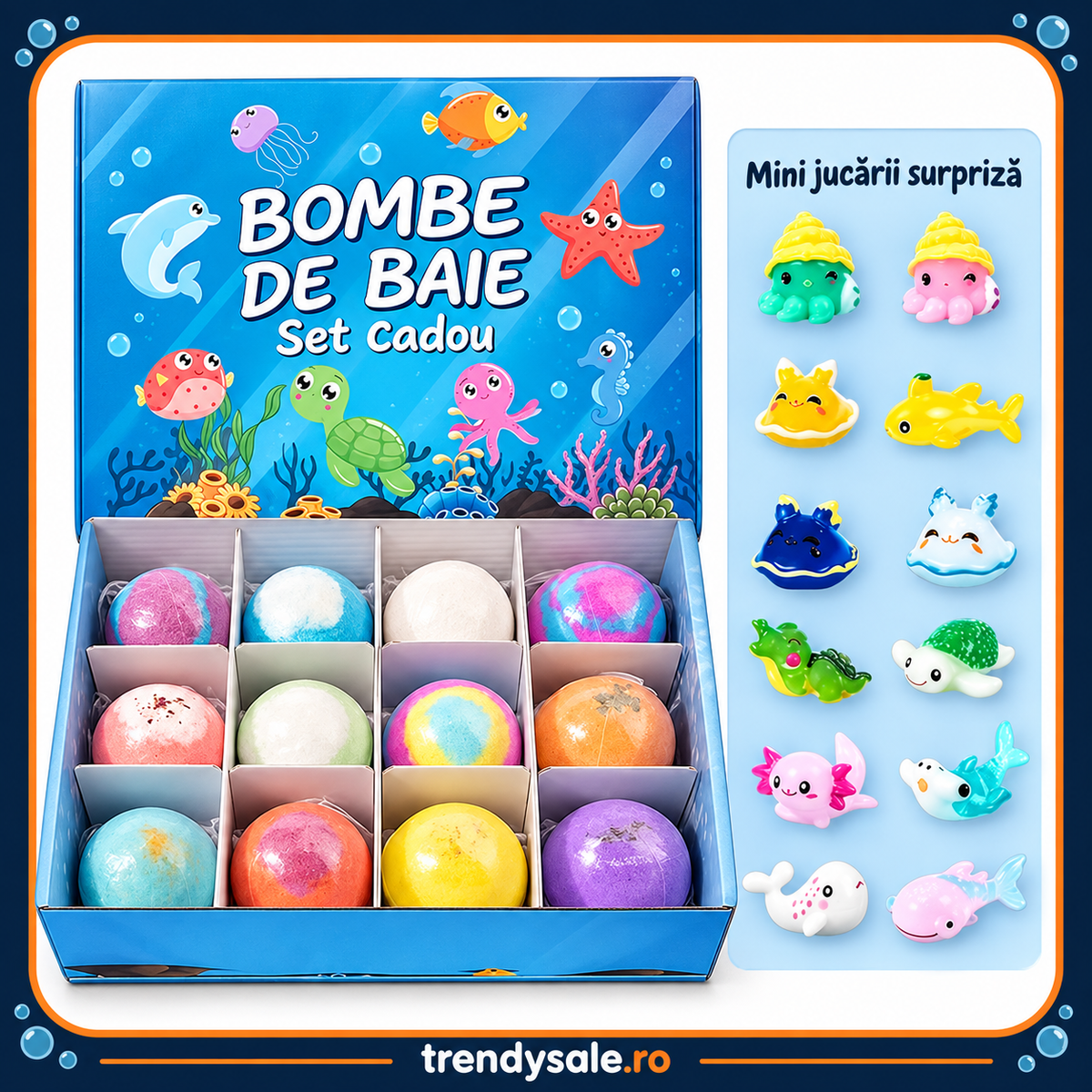 Bombe de Baie pentru Copii, Set 12 Bucăți cu Figurine Marine Surpriză, 12 Arome