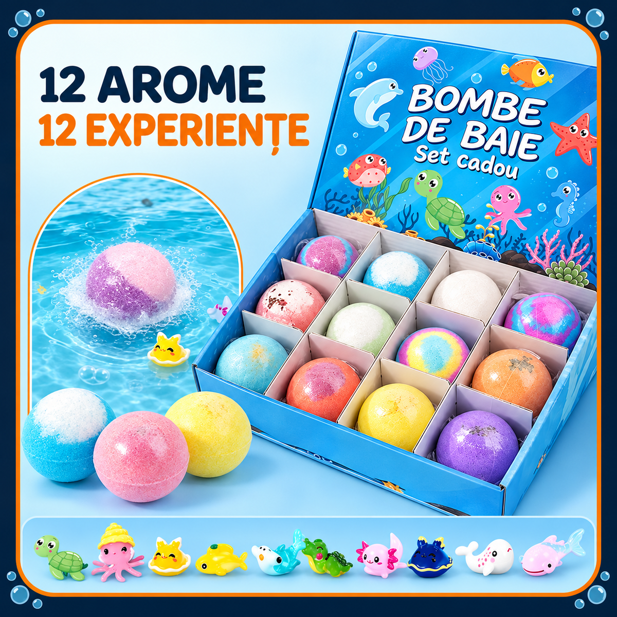 Bombe de Baie pentru Copii, Set 12 Bucăți cu Figurine Marine Surpriză, 12 Arome
