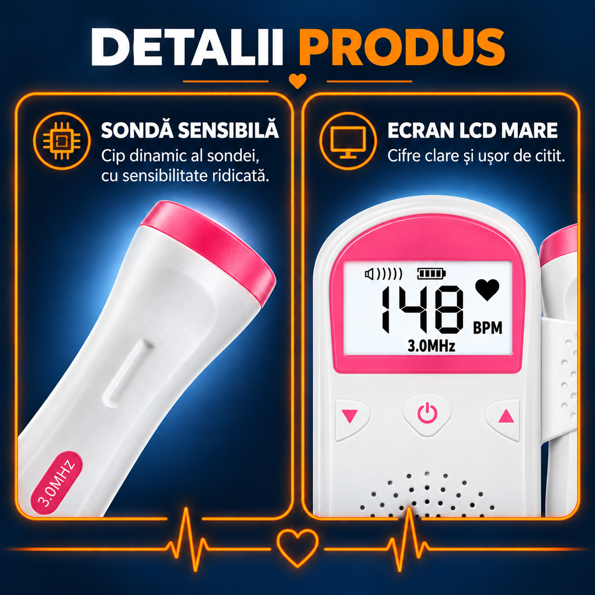 Monitor Doppler Fetal Portabil, Asculți Inima Bebelușului Acasă, Sondă 3.0 MHz, Ecran LCD, Roz