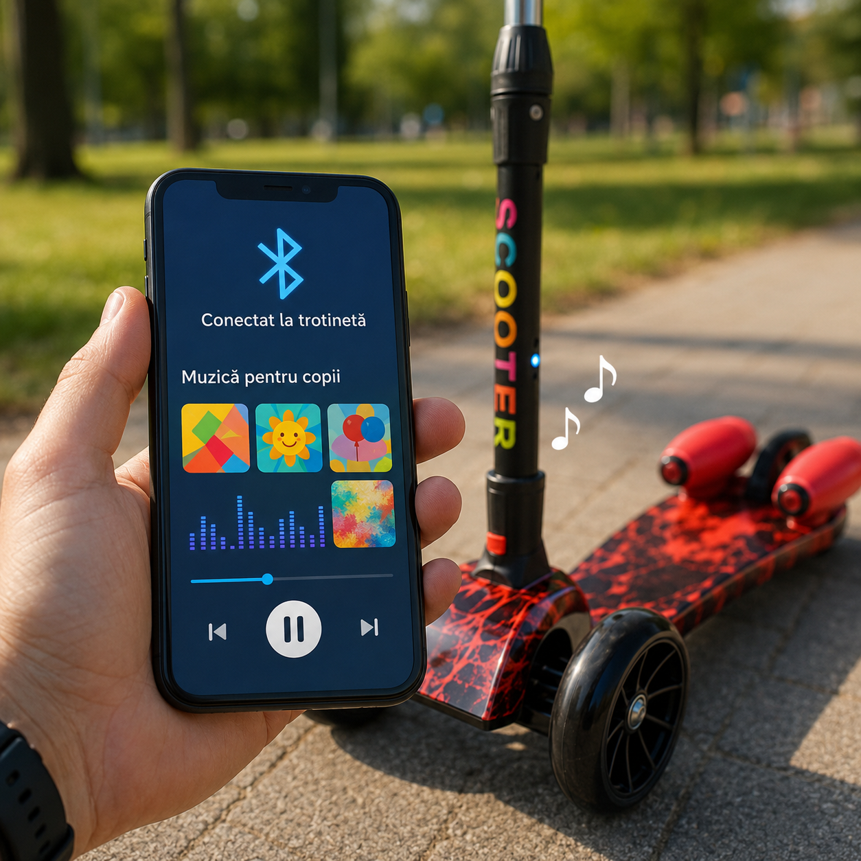 Trotinetă Bluetooth Copii - cu Aburi, Muzică și Lumini, Roșu