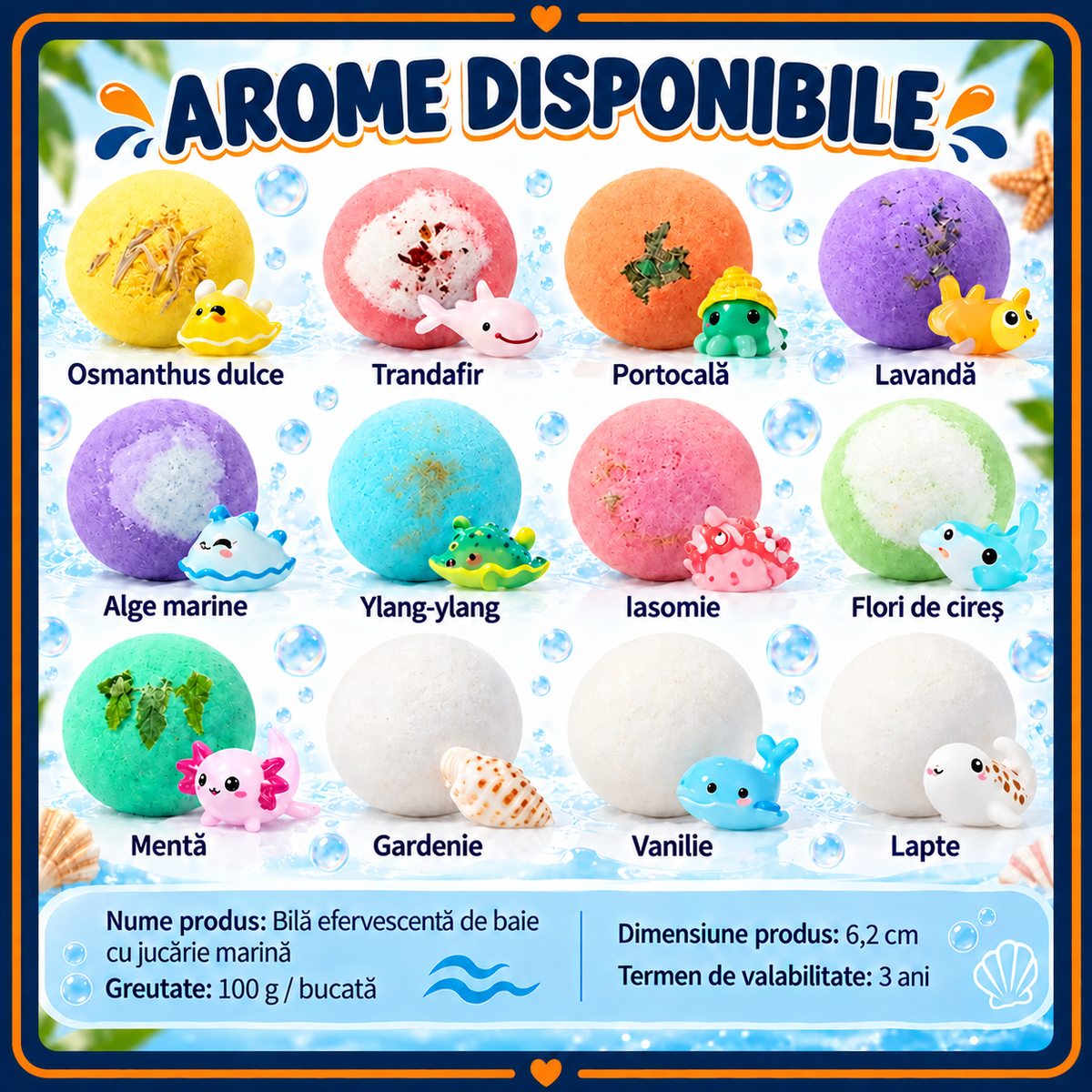 Bombe de Baie pentru Copii, Set 12 Bucăți cu Figurine Marine Surpriză, 12 Arome