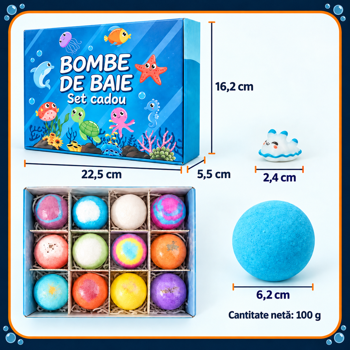 Bombe de Baie pentru Copii, Set 12 Bucăți cu Figurine Marine Surpriză, 12 Arome