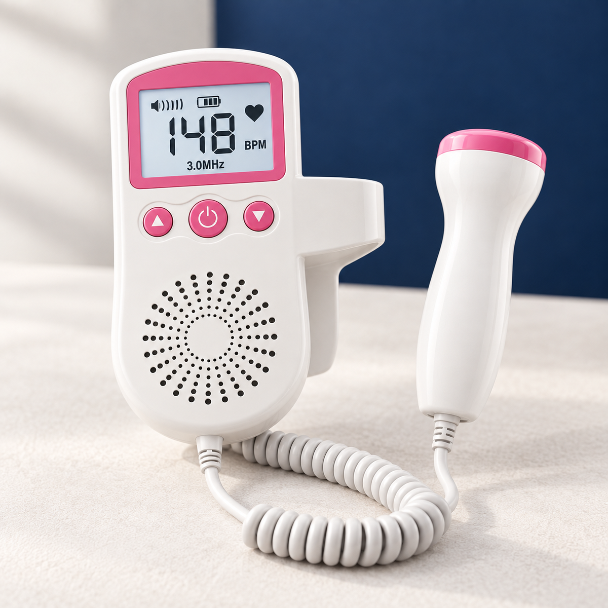 Monitor Doppler Fetal Portabil, Asculți Inima Bebelușului Acasă, Sondă 3.0 MHz, Ecran LCD, Roz
