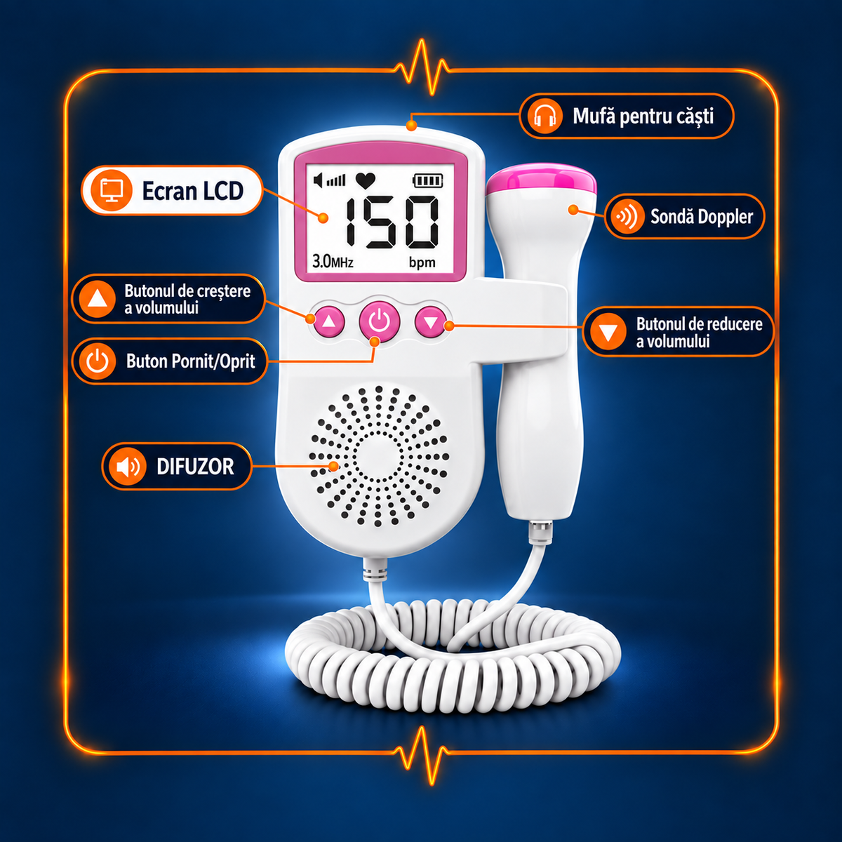 Monitor Doppler Fetal Portabil, Asculți Inima Bebelușului Acasă, Sondă 3.0 MHz, Ecran LCD, Roz