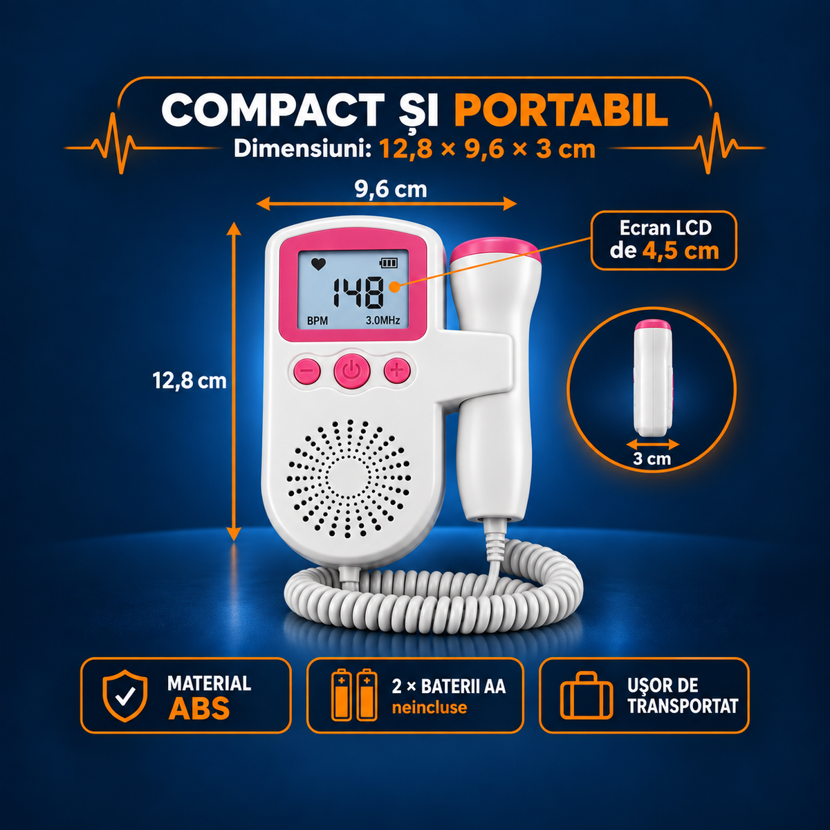 Monitor Doppler Fetal Portabil, Asculți Inima Bebelușului Acasă, Sondă 3.0 MHz, Ecran LCD, Roz