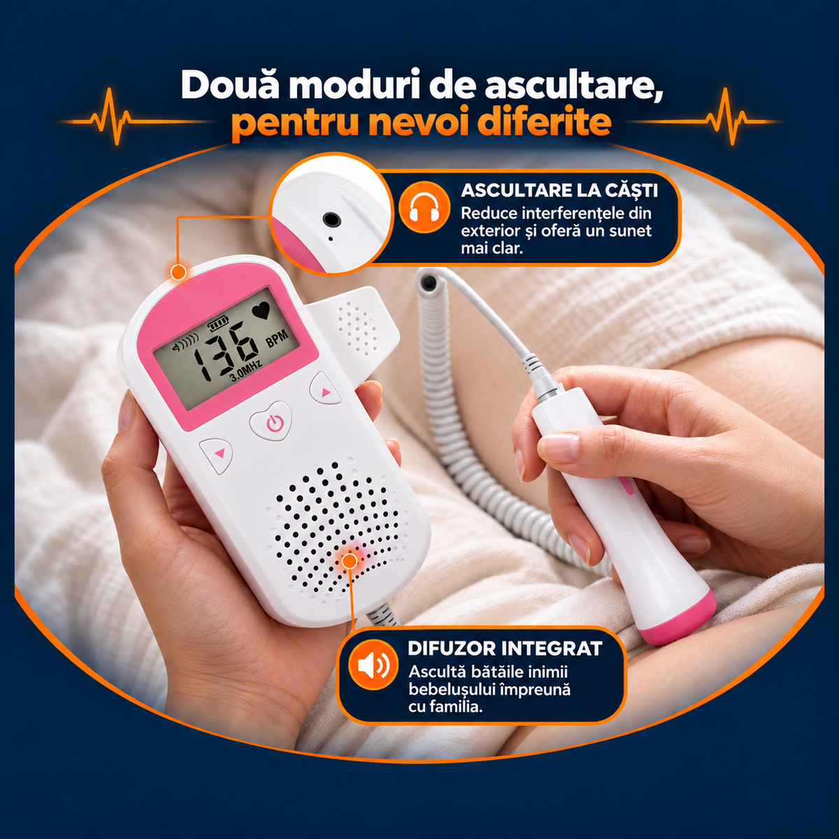 Monitor Doppler Fetal Portabil, Asculți Inima Bebelușului Acasă, Sondă 3.0 MHz, Ecran LCD, Roz