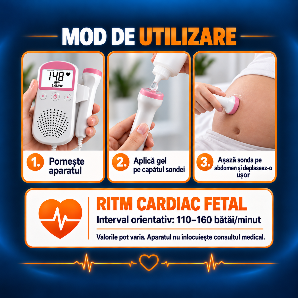 Monitor Doppler Fetal Portabil, Asculți Inima Bebelușului Acasă, Sondă 3.0 MHz, Ecran LCD, Roz