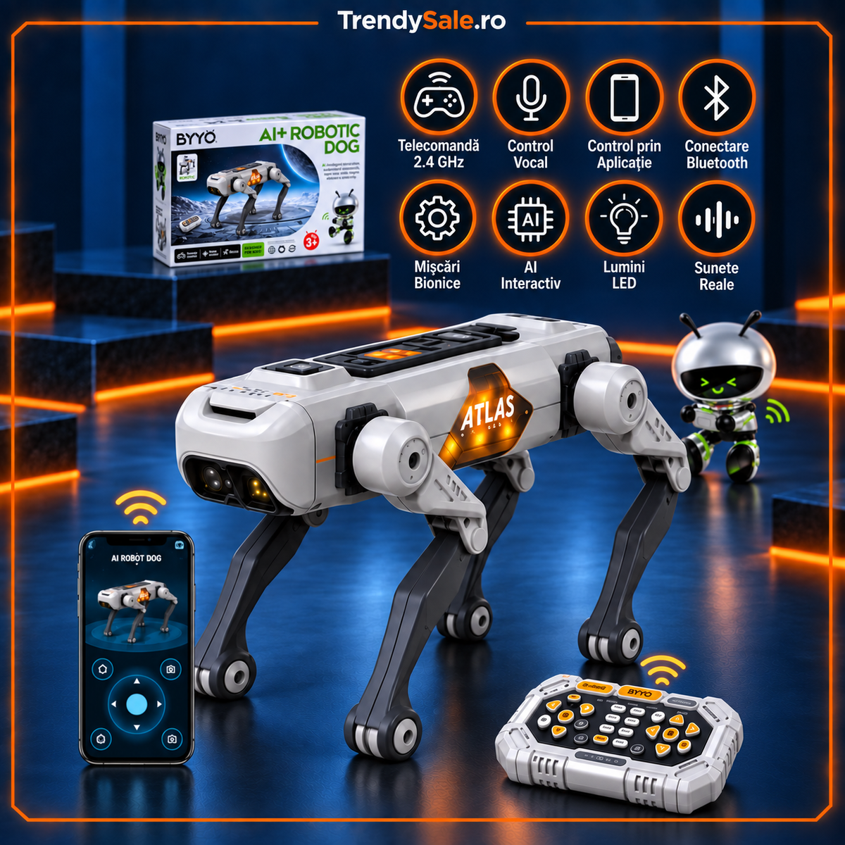 Câine Robot Interactiv ATLAS AI+, 6 Mișcări și Control Vocal, Telecomandă + Aplicație
