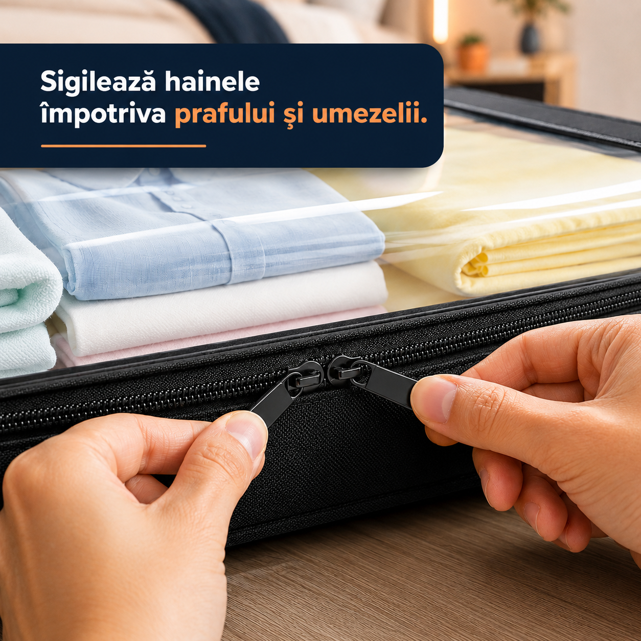 Sistem de Depozitare Sub Pat 43L, Slim, Culisant pe Roți, cu Fermoar și Capac Transparent, Negru