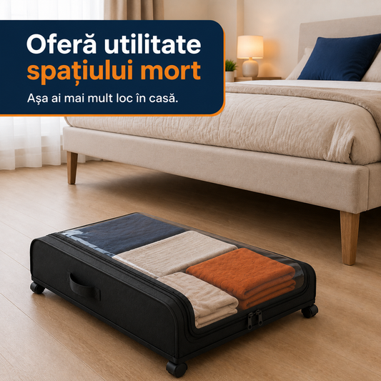 Sistem de Depozitare Sub Pat 43L, Slim, Culisant pe Roți, cu Fermoar și Capac Transparent, Negru