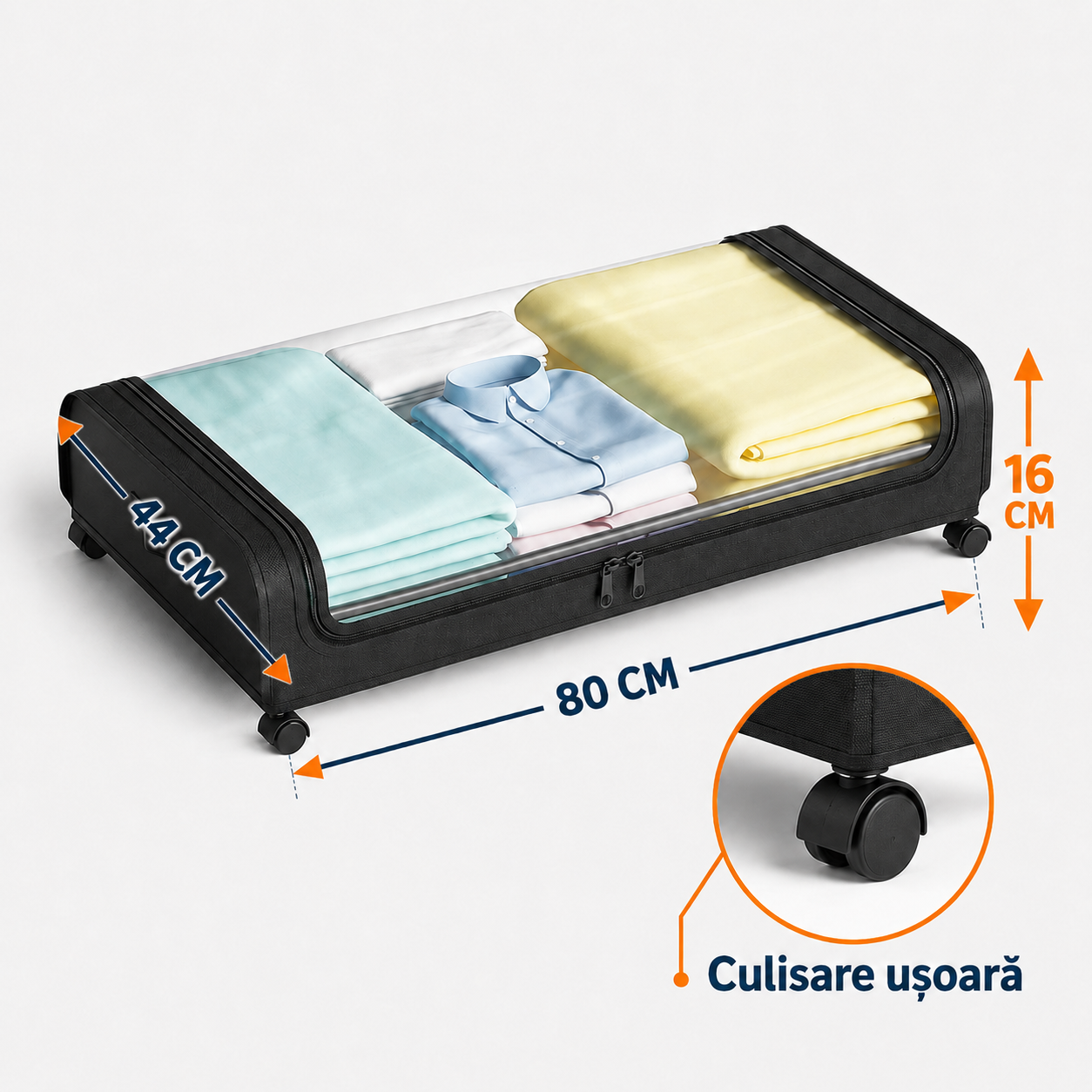 Sistem de Depozitare Sub Pat 43L, Slim, Culisant pe Roți, cu Fermoar și Capac Transparent, Negru