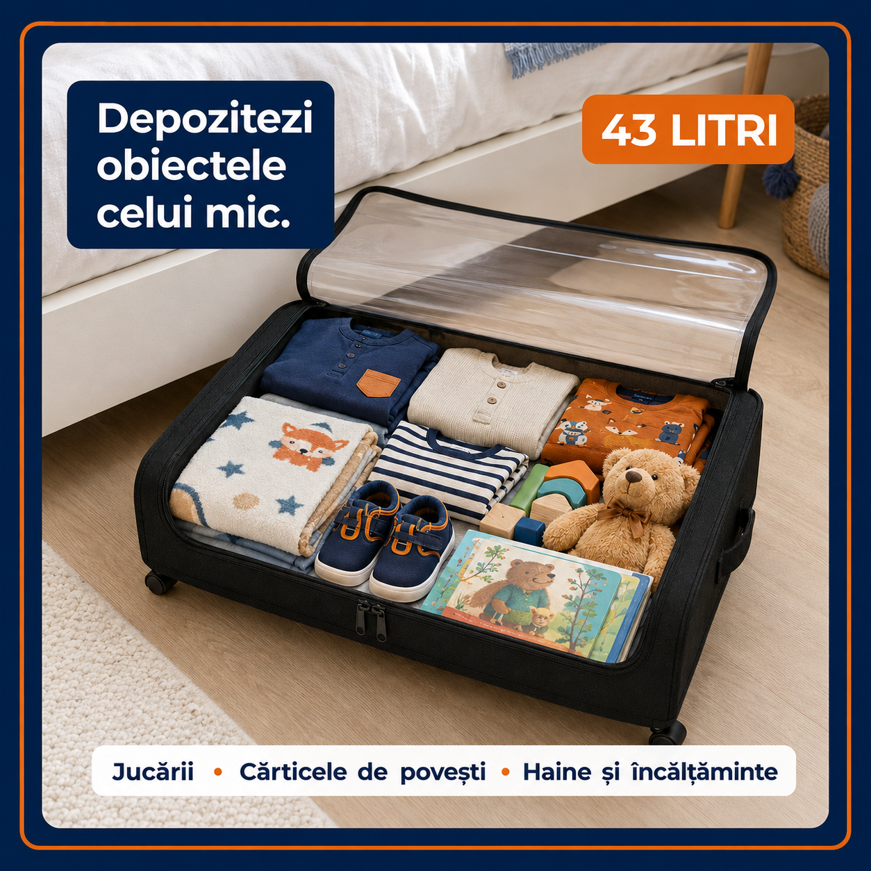 Sistem de Depozitare Sub Pat 43L, Slim, Culisant pe Roți, cu Fermoar și Capac Transparent, Negru