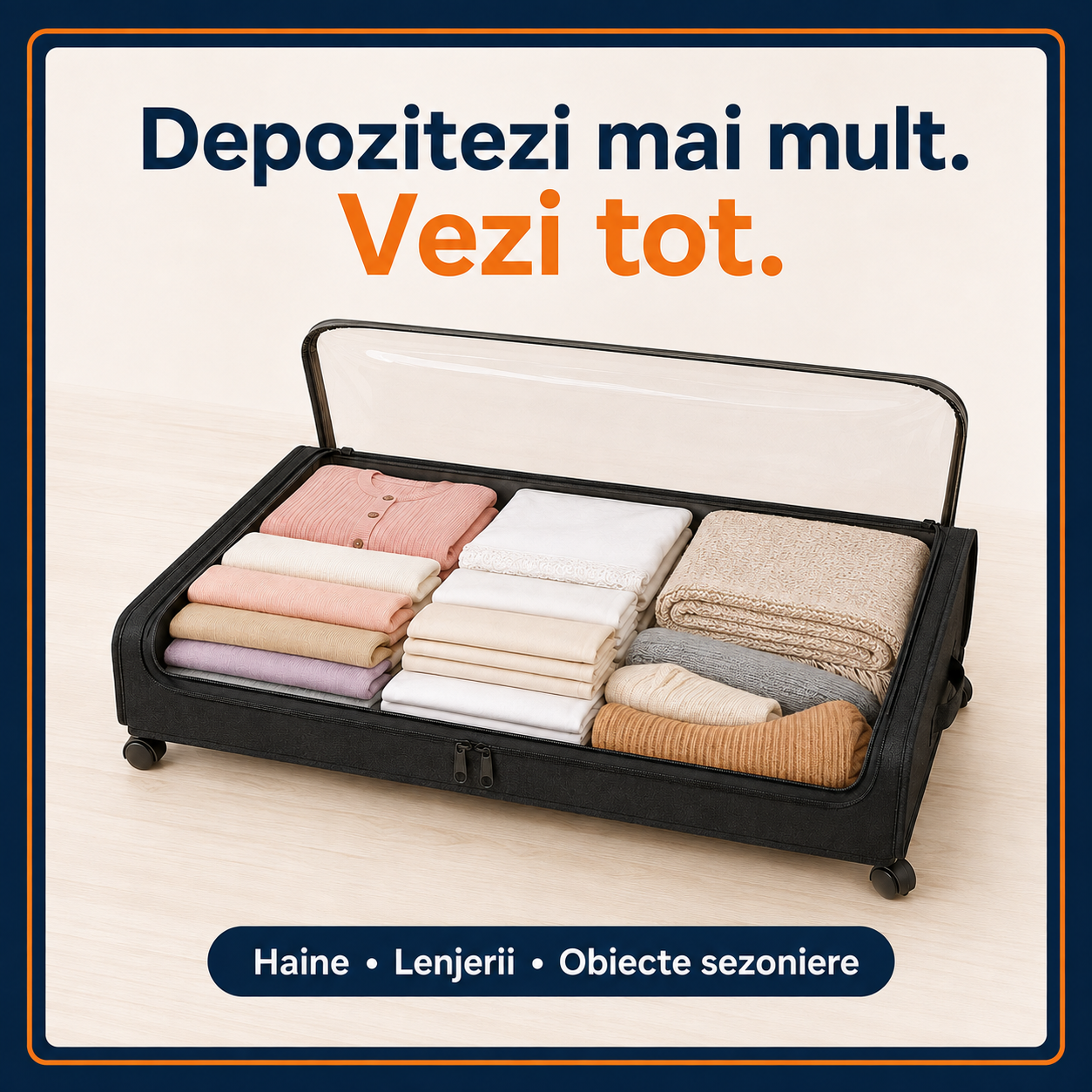 Sistem de Depozitare Sub Pat 43L, Slim, Culisant pe Roți, cu Fermoar și Capac Transparent, Negru