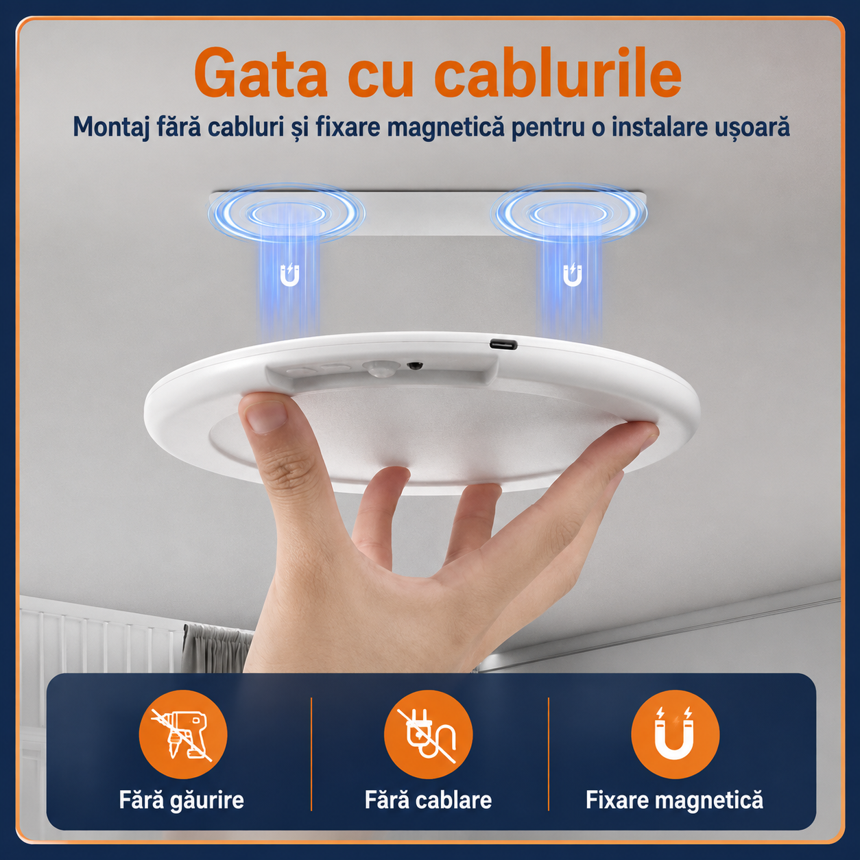 Aplică LED Fără Fir 19CM, cu Prindere Magnetică, Senzor Mișcare + Telecomandă, Baterie 6000mAh
