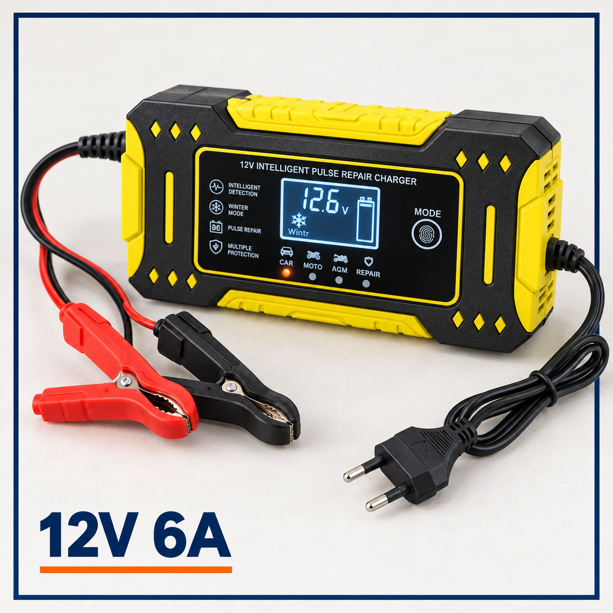Redresor Auto 12V 6A pentru Baterii 2-100Ah, Auto/Moto, cu Afișaj LCD - Reparare prin Impulsuri