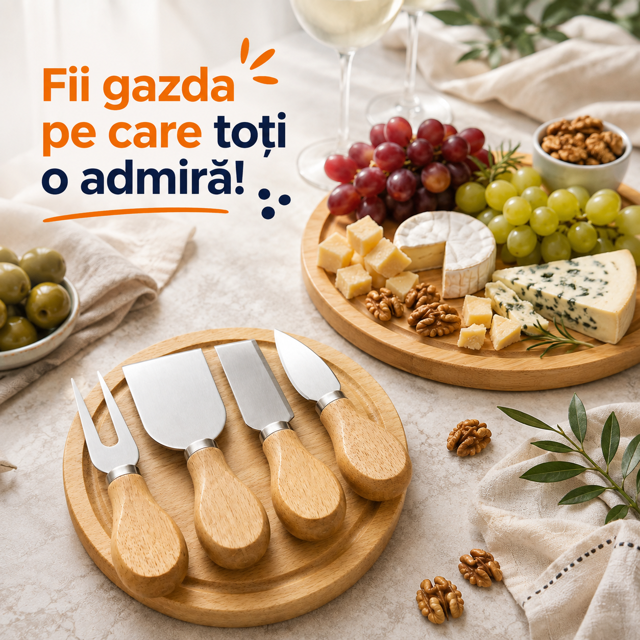 Platou Elegant Casena - Pentru Brânzeturi - 4 Ustensile + Presă Bugeri Cadou