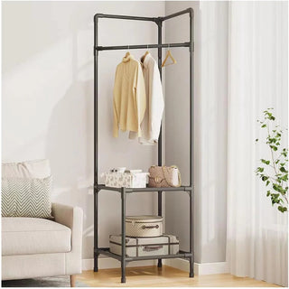Cuier de colt din metal, cu 2 rafturi pentru organizare, negru Trendysale.ro