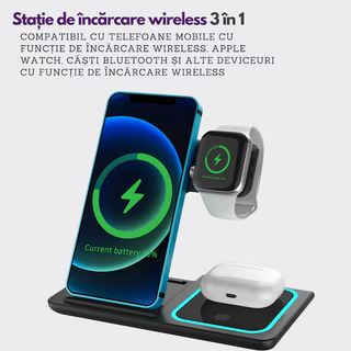 Dock de Incarcare Wireless 4 in 1, Suport Multifunctional cu Fast Charge 15W Trendysale.ro