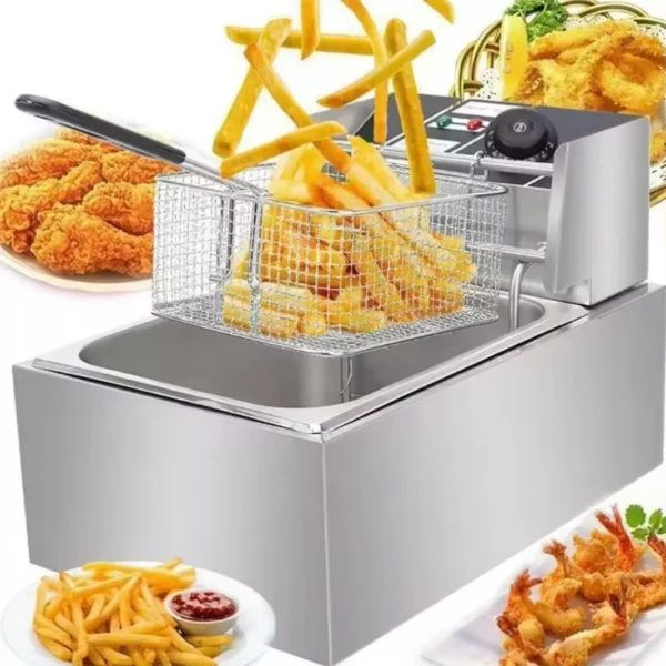 Friteuza Electrica Profesionala 6L, Inox, 2500W – Termostat Reglabil, Capac Antistropire, Usor de Curatat Trendysale.ro
