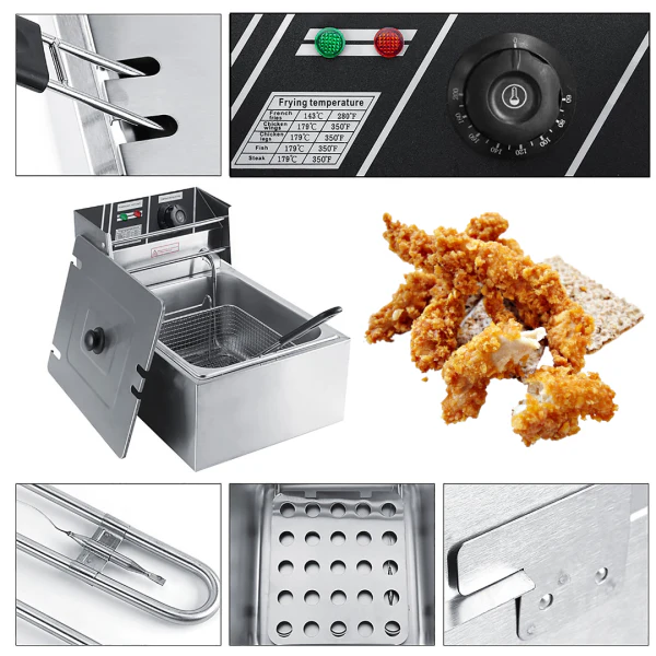 Friteuza Electrica Profesionala 6L, Inox, 2500W – Termostat Reglabil, Capac Antistropire, Usor de Curatat Trendysale.ro