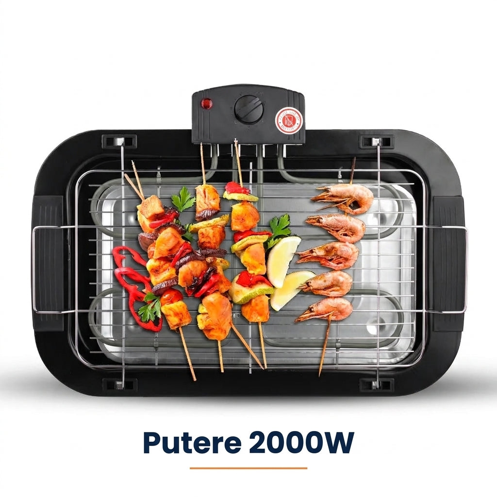 Grătar Electric de Masă 2000W, Grilă din Sârmă pe 3 Înălțimi, Tavă Detașabilă pentru Grăsime