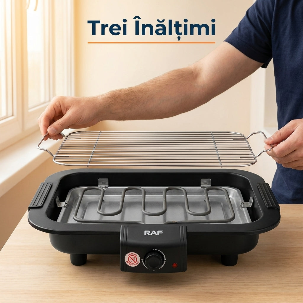Grătar Electric de Masă 2000W, Grilă din Sârmă pe 3 Înălțimi, Tavă Detașabilă pentru Grăsime