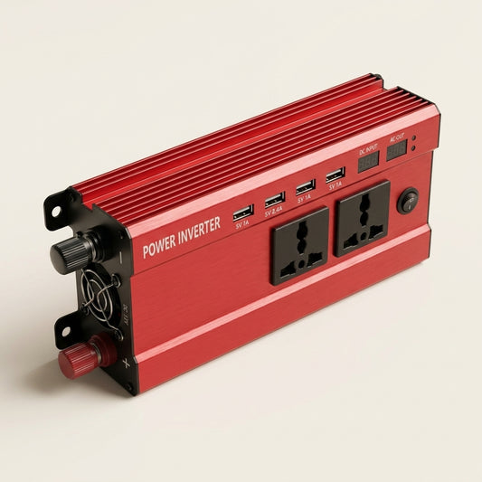 Invertor Auto 12V la 220V, 1600W, 2 Prize, 4 USB, Afișaj Tensiune Baterie și Ieșire, Roșu