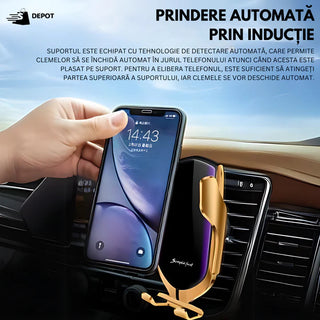 Incarcator wireless auto si suport telefon, Universal, Auriu Trendysale.ro