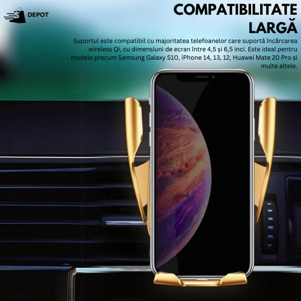 Incarcator wireless auto si suport telefon, Universal, Auriu Trendysale.ro