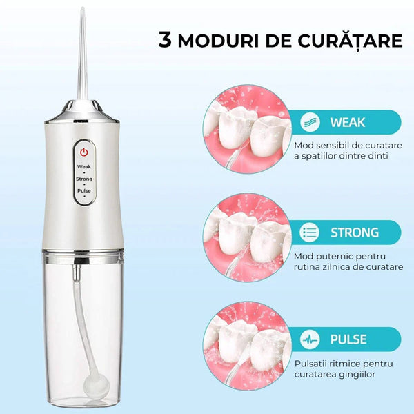 Irigator Oral Ultra-Portabil pentru Dus Bucal, 4 Capete de Curatare, Rezervor 220 ml Trendysale.ro