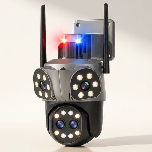 Cameră de Supraveghere WiFi JORTAN 12MP cu 4 Lentile, Rotire 355°, Urmărire Automată, Sirenă cu Lumini și Vedere Color Noaptea