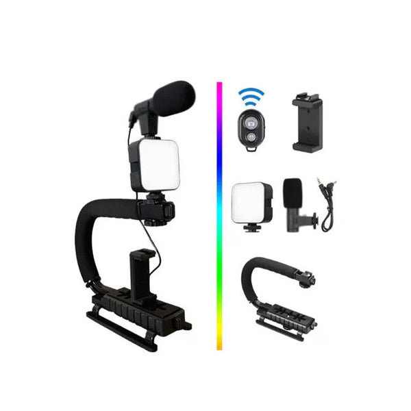 Kit complet 4 in 1 pentru vlogging, Microfon, Lampa LED, Trepied si Suport Telefon Trendysale.ro