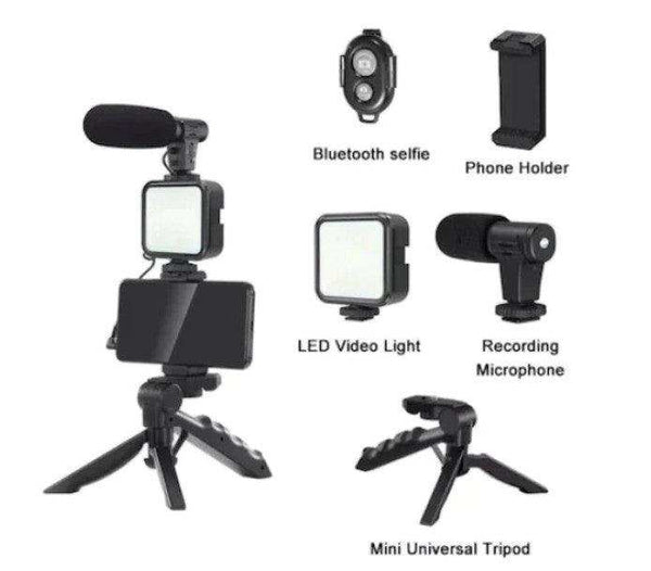 Kit complet 4 in 1 pentru vlogging, Microfon, Lampa LED, Trepied si Suport Telefon Trendysale.ro