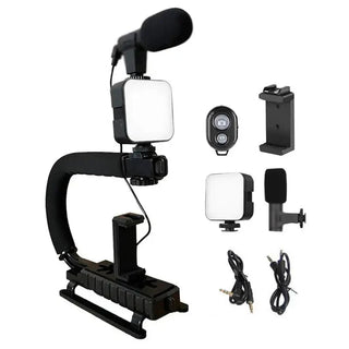 Kit complet 4 in 1 pentru vlogging, Microfon, Lampa LED, Trepied si Suport Telefon Trendysale.ro