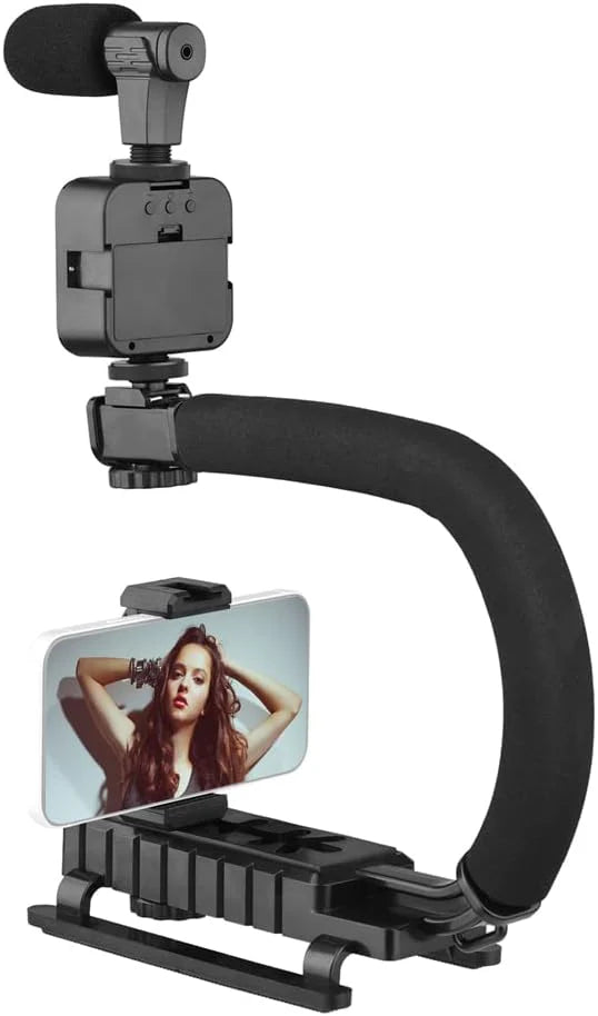 Kit complet 4 in 1 pentru vlogging, Microfon, Lampa LED, Trepied si Suport Telefon Trendysale.ro