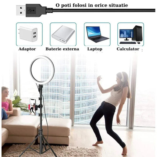 Lampa Circulara Ring Light 30cm, 120x LED SMD, 10 Trepte de Lumina, Telecomanda pe Fir, Trepied Inclus 210cm Trendysale.ro