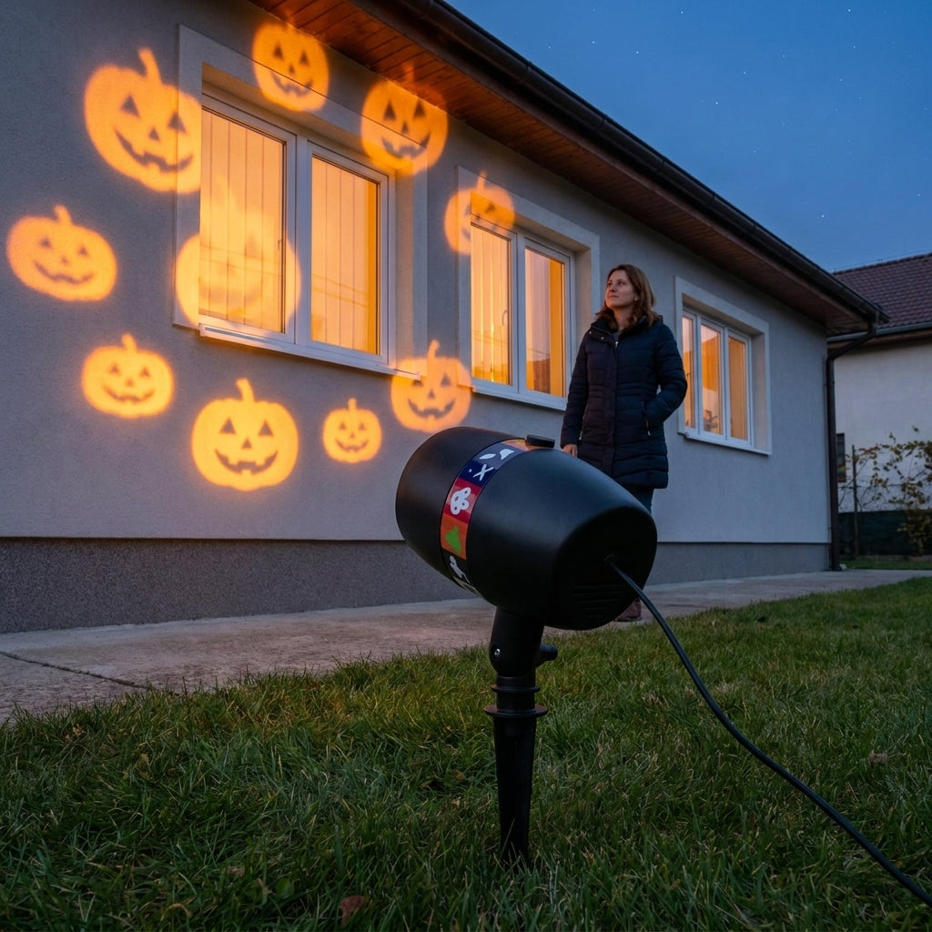 Proiector LED de Crăciun și Halloween cu 12 Carduri, Efect de Ninsoare, IP44, Țăruș și Bază