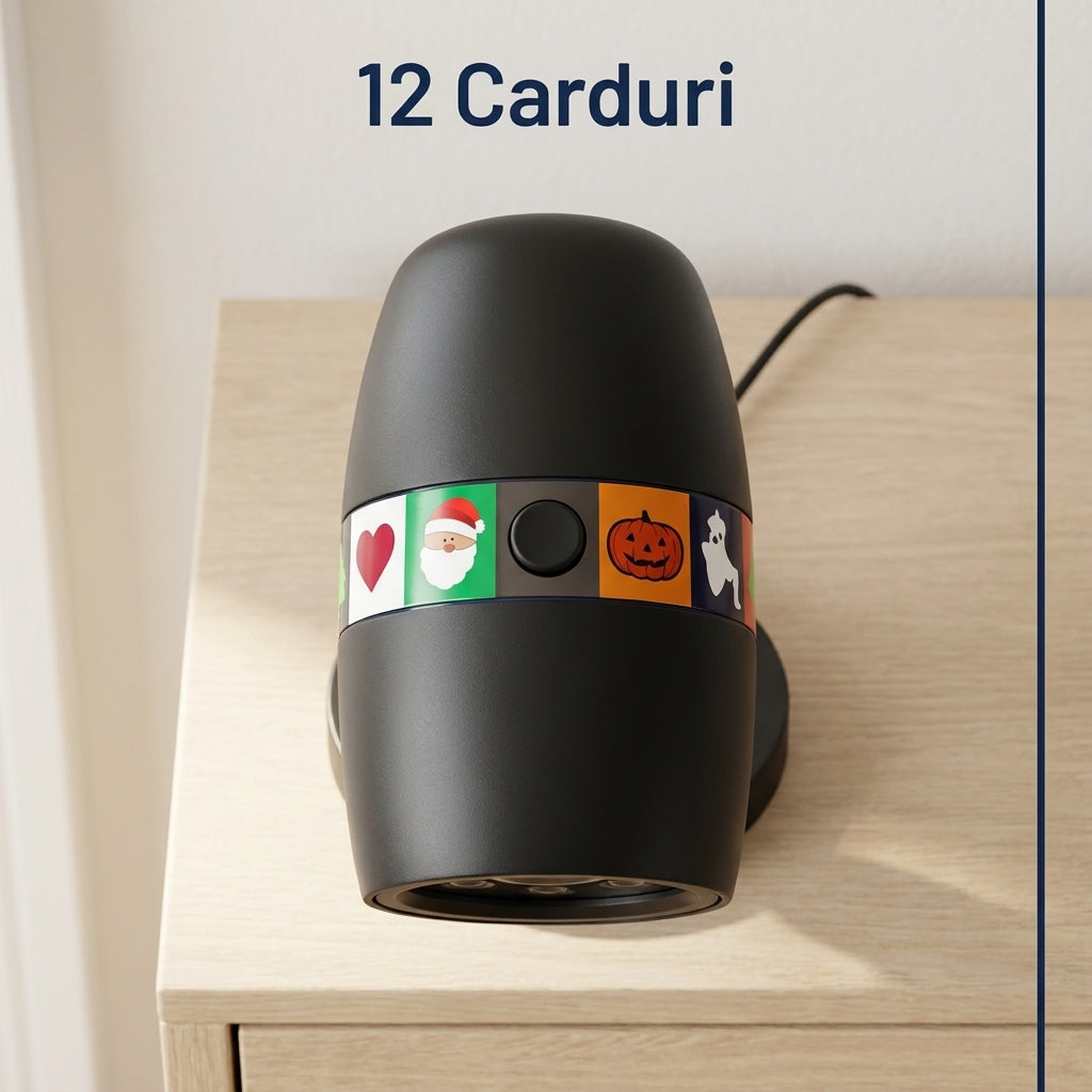 Proiector LED de Crăciun și Halloween cu 12 Carduri, Efect de Ninsoare, IP44, Țăruș și Bază