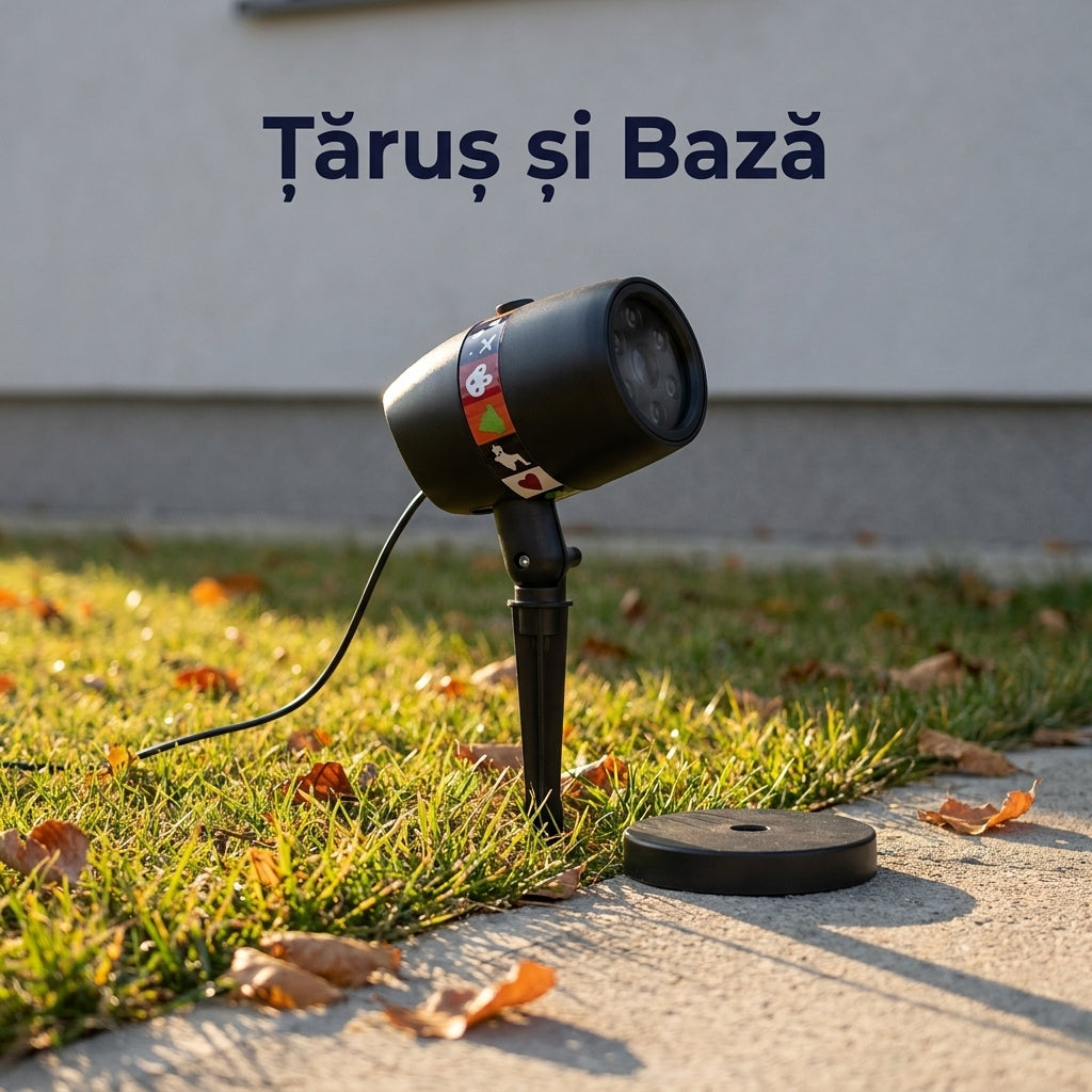 Proiector LED de Crăciun și Halloween cu 12 Carduri, Efect de Ninsoare, IP44, Țăruș și Bază